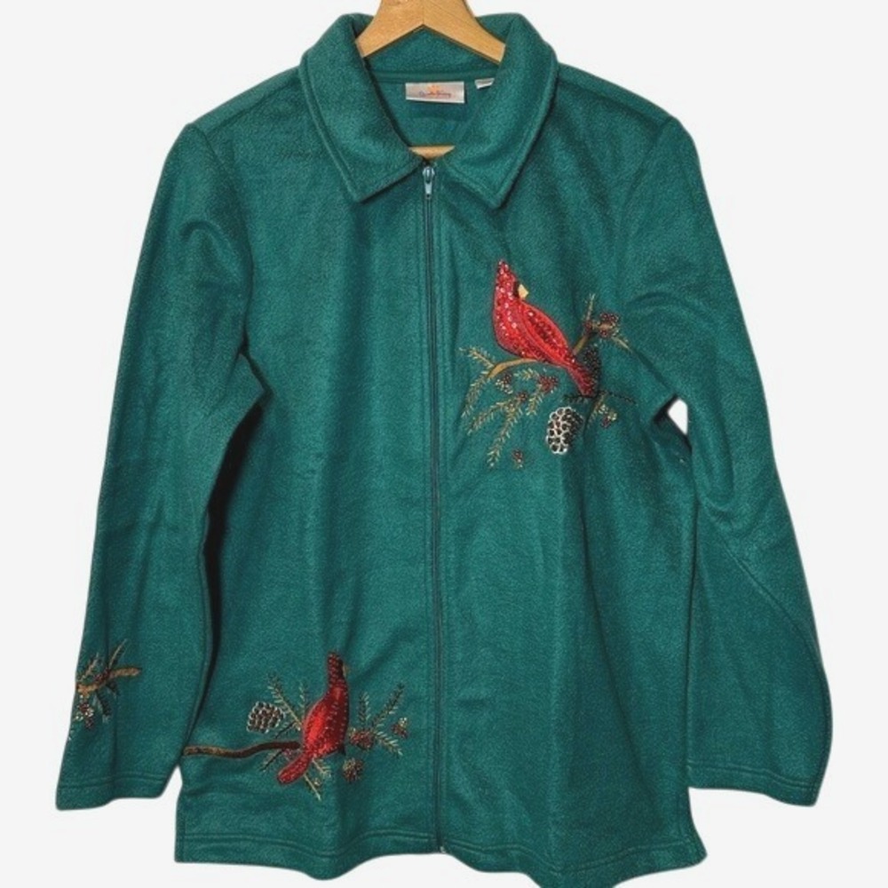 Quaker Factory Women's Christmas Cardinal Embroidered Green Fleece Zip Jacket M